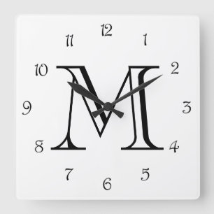 Monogram Black Script Numbers on White Wccn Quadratische Wanduhr