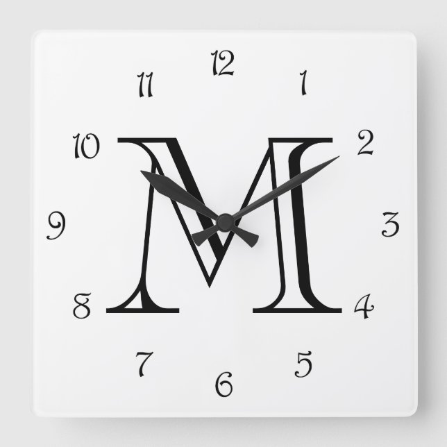 Monogram Black Script Numbers on White Wccn Quadratische Wanduhr (Vorderseite)