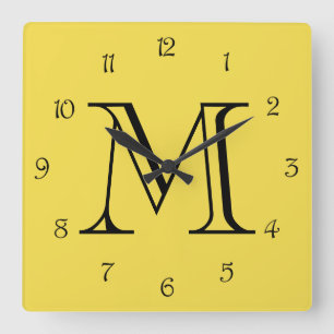 Monogram Black Script Numbers On Yellow wccn Quadratische Wanduhr