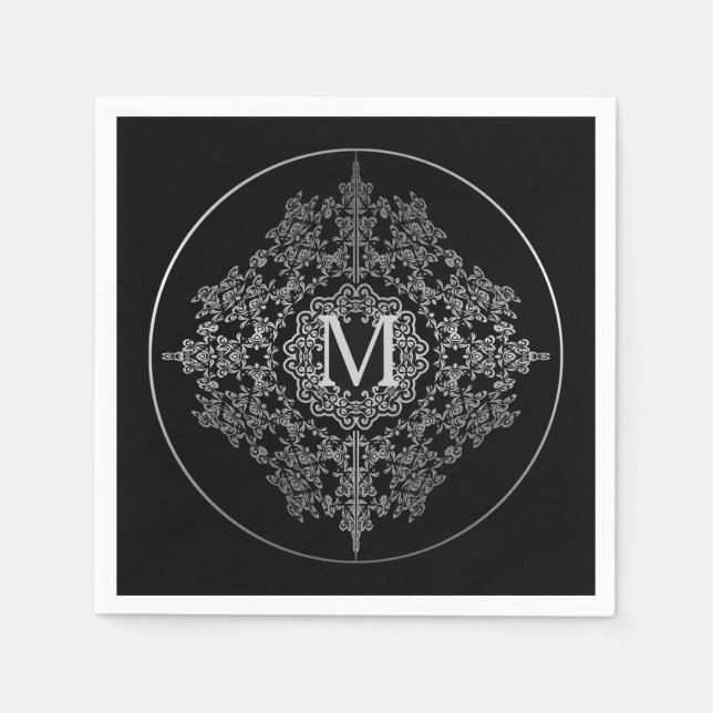 Monogram Black & Silver Filigree Motif Napkins Serviette (Vorderseite)