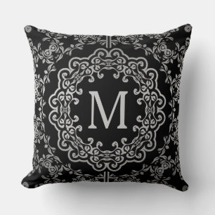 Monogram Black & Silver Filigree Motif Pillow Kissen