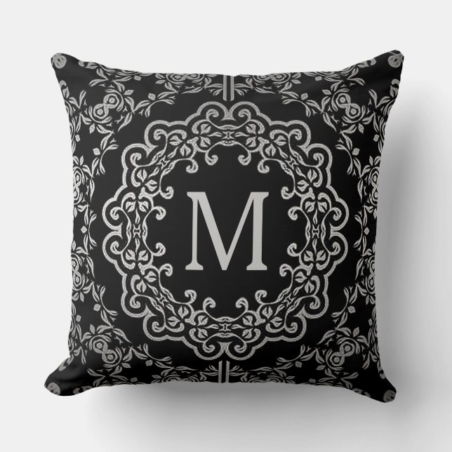 Monogram Black & Silver Filigree Motif Pillow Kissen (Vorderseite)
