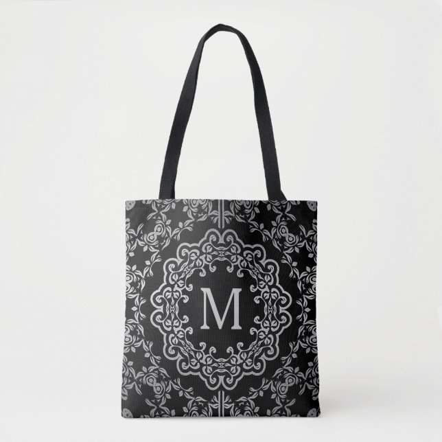 Monogram Black & Silver Filigree Motif Tote Bag (Vorderseite)