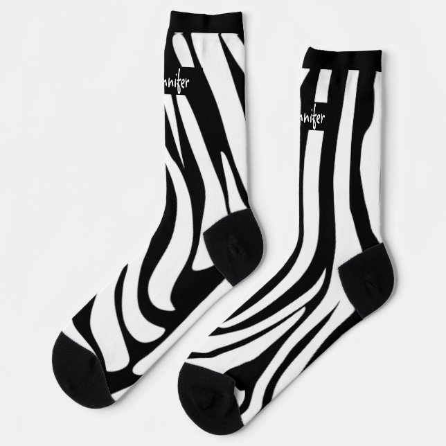Monogram Black Striped Zebra Muster Trendy Socken (Linkes Detail)