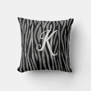 Monogram Black und Silver Glitzer Zebra Print Kissen