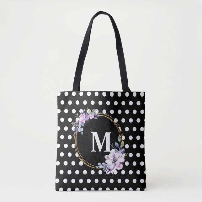 Monogram Black Vintag Blume Polka Dots (Vorderseite)