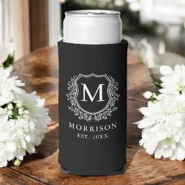 Monogram Black Wappen Moderne botanische Hochzeit Selters Dosenkühler