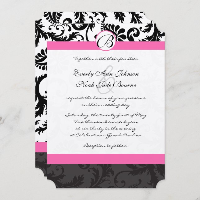 Monogram Black & White Damask Pink Trial Einladung (Vorne/Hinten)