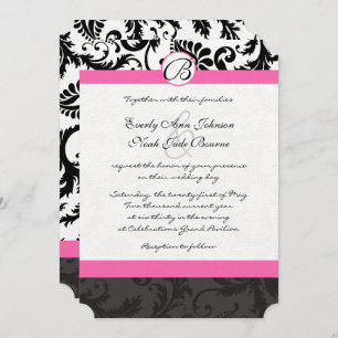 Monogram Black & White Damask Pink Trial Einladung
