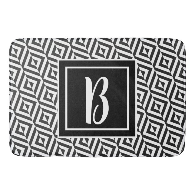 Monogram Black & White Diamond Muster Badematte (Vorderseite)