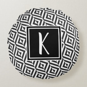 Monogram Black & White Diamond Muster Rundes Kissen