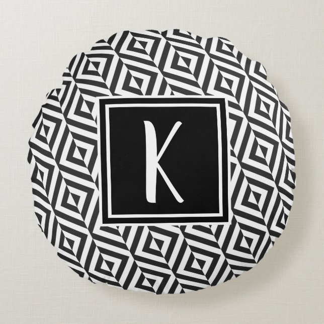 Monogram Black & White Diamond Muster Rundes Kissen (Vorderseite)