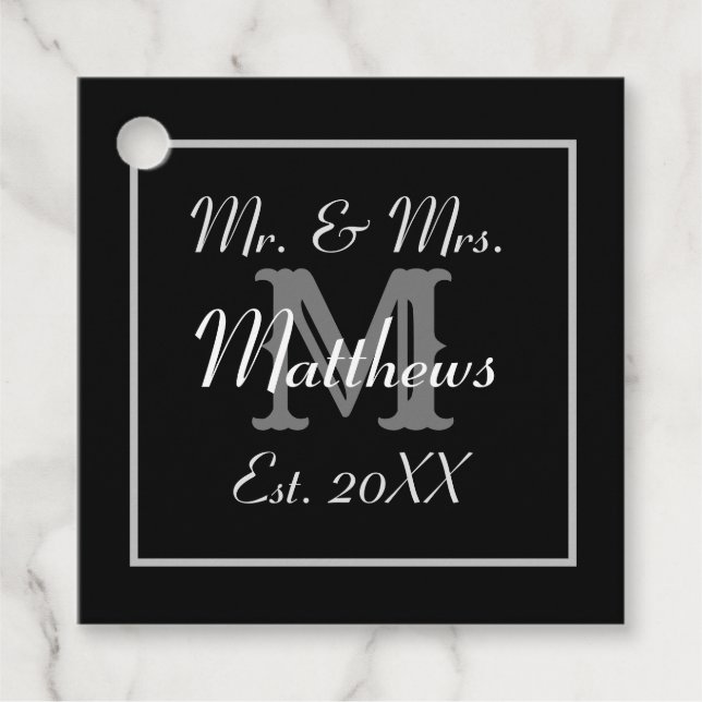 Monogram Black & White Est Hochzeit Geschenkanhänger (Vorderseite)