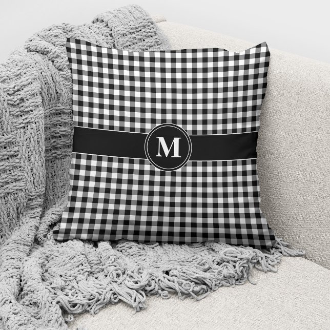 Monogram Black & White Gingham Karierter Karo Must Kissen (Von Creator hochgeladen)