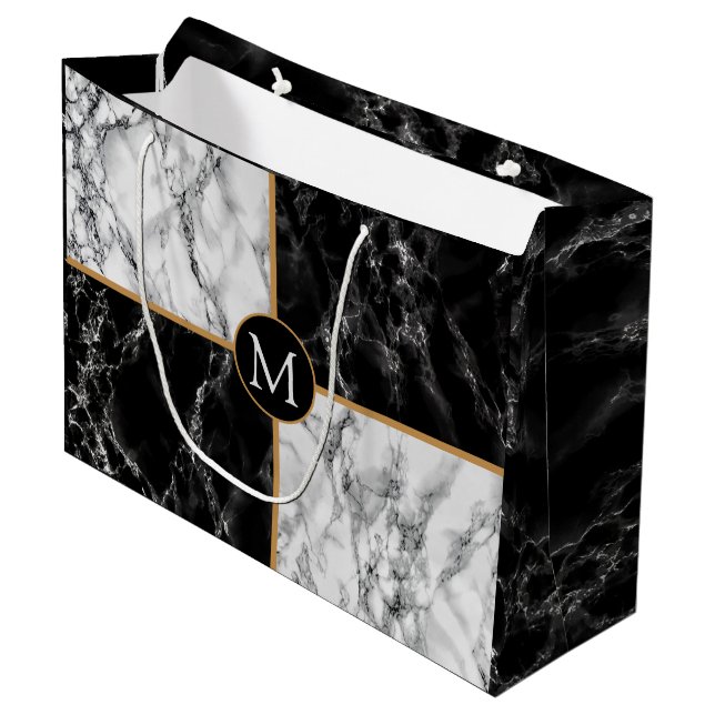 Monogram Black White Marble - Your Letter / Years Große Geschenktüte (Vorderseite Schrägansicht)