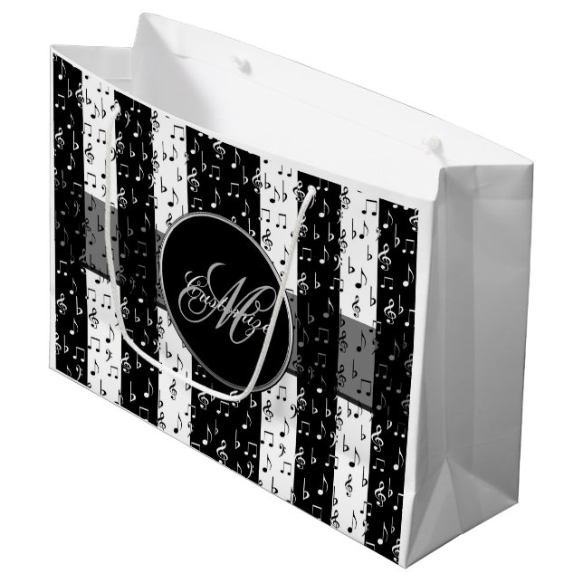 Monogram Black & White Musikstreifen Große Tasche Große Geschenktüte (Vorderseite Schrägansicht)