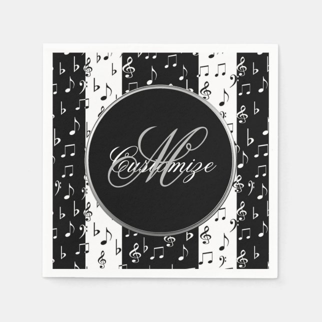 Monogram Black & White Musikstreifen Napkins Serviette (Vorderseite)