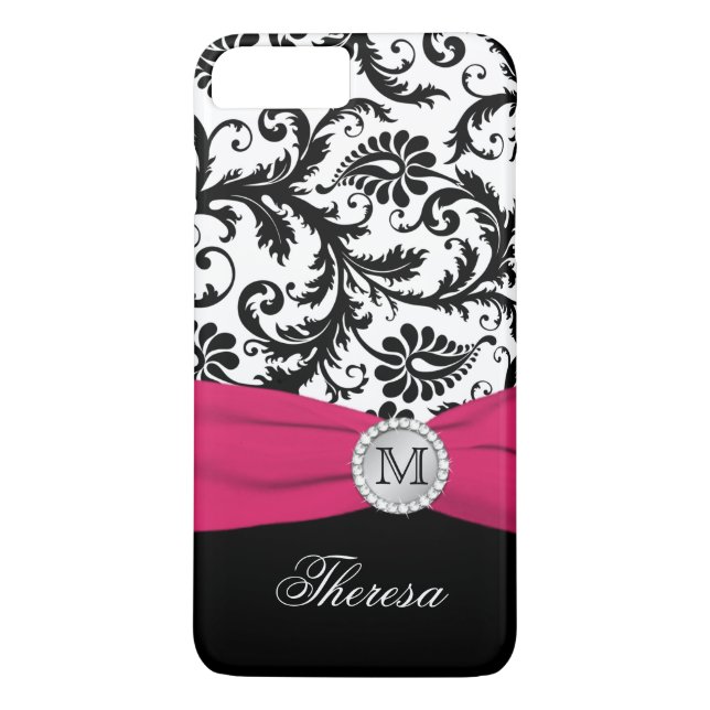 Monogram Black, White, Pink Damask iPhone 7 Case (Rückseite)