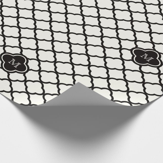 Monogram Black & White Quatrefoil Muster Hochzeit Geschenkpapier (Ecke)