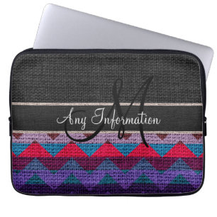 Monogram Black Zickzack Zigzag Burlap Jute Laptopschutzhülle