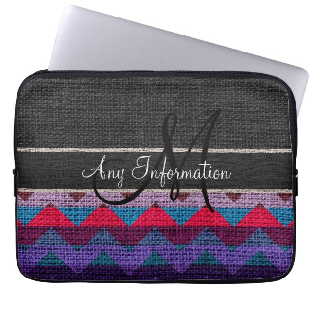 Monogram Black Zickzack Zigzag Burlap Jute Laptopschutzhülle (Vorderseite)