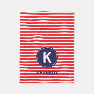 Monogram Blanket Red White Stripes und Navy Blue Fleecedecke