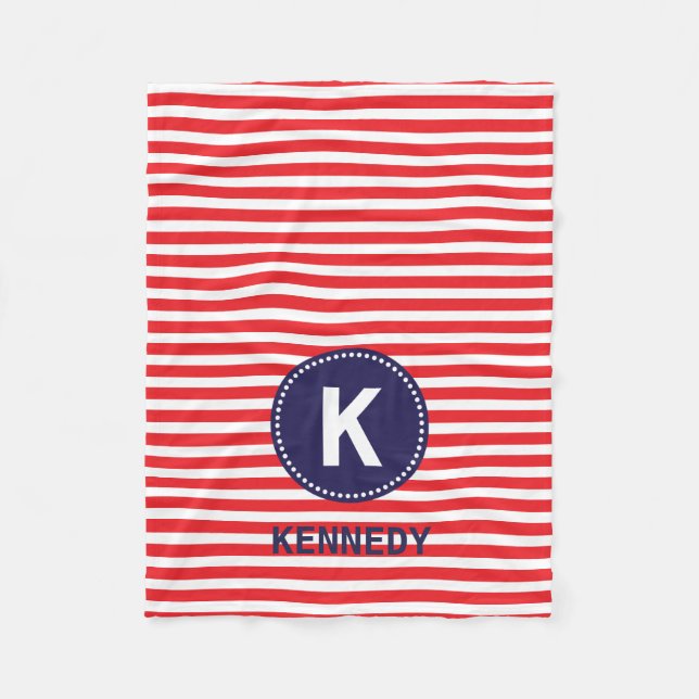 Monogram Blanket Red White Stripes und Navy Blue Fleecedecke (Vorderseite)
