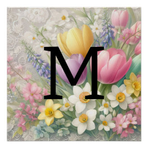 Monogram, bläserpastellfarbene Pink-Tulips Poster