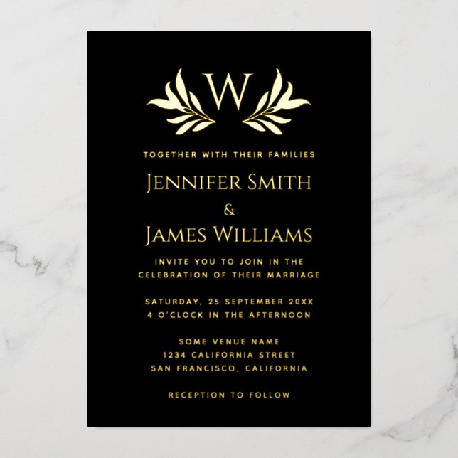 Monogram Blätter Simple Elegant Black Gold Wedding Folieneinladung (Vorderseite)