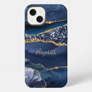 Monogram Blau Gold Glitter Achat Marmor Trend iPhone 13 Hülle
