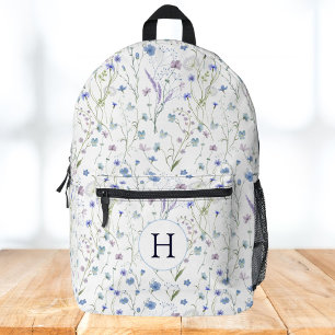 Monogram Blau Lila Hübsche Wildblumen Blumen Bedruckter Rucksack
