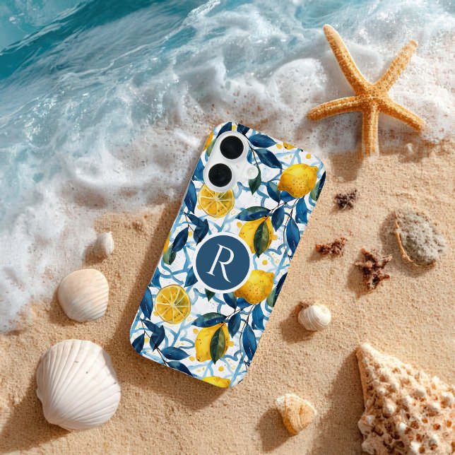 Monogram Blau Mittelmeer Stil Zitronen Muster iPhone 16 Hülle (Von Creator hochgeladen)