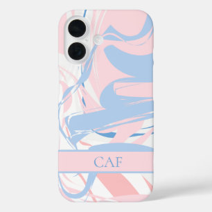 Monogram Blau Weiß Rosa Marmor Wirbel iPhone 16 Hülle