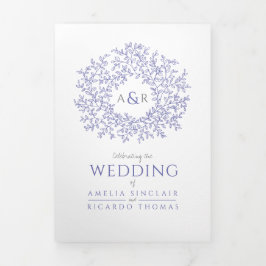 Monogram-blaue Blätter Hochzeit Dreifach Gefaltete Einladung