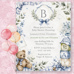 Monogram Blaues Jungen-Baby-Party  Einladung