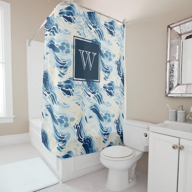 Monogram Blue Abstrakt Waves Beach Pattern Dusche Duschvorhang (Beispiel)
