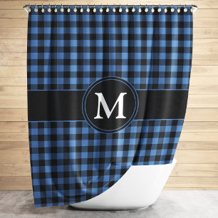 Monogram Blue And Black Plaid Checkered Pattern Duschvorhang