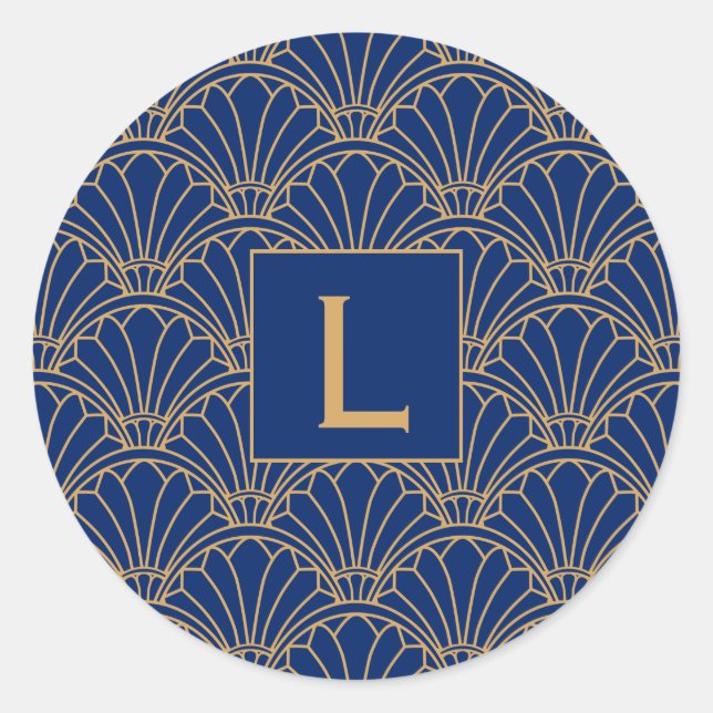 Monogram Blue and Gold Art Deco Lüfter Motif Blume Runder Aufkleber (Vorderseite)