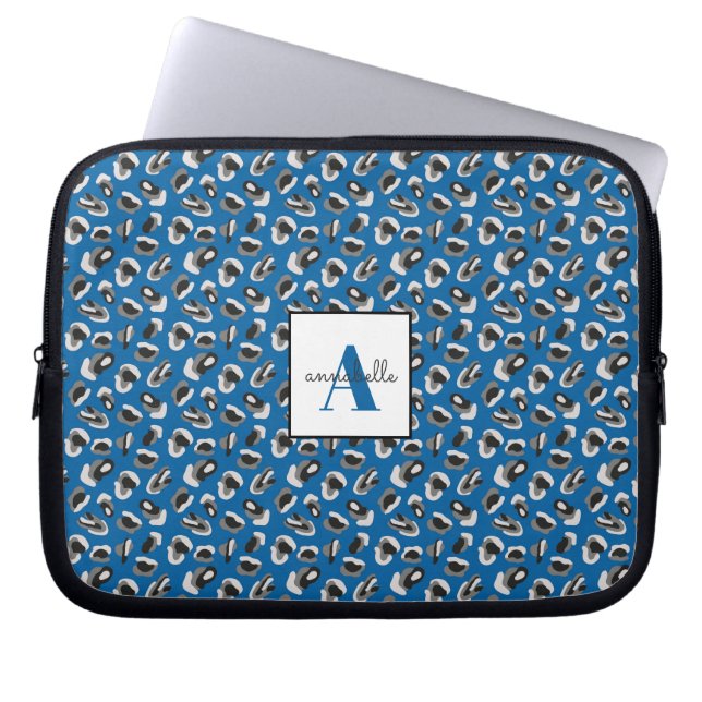 Monogram Blue Animal Leopard Print Personalisiert Laptopschutzhülle (Vorderseite)