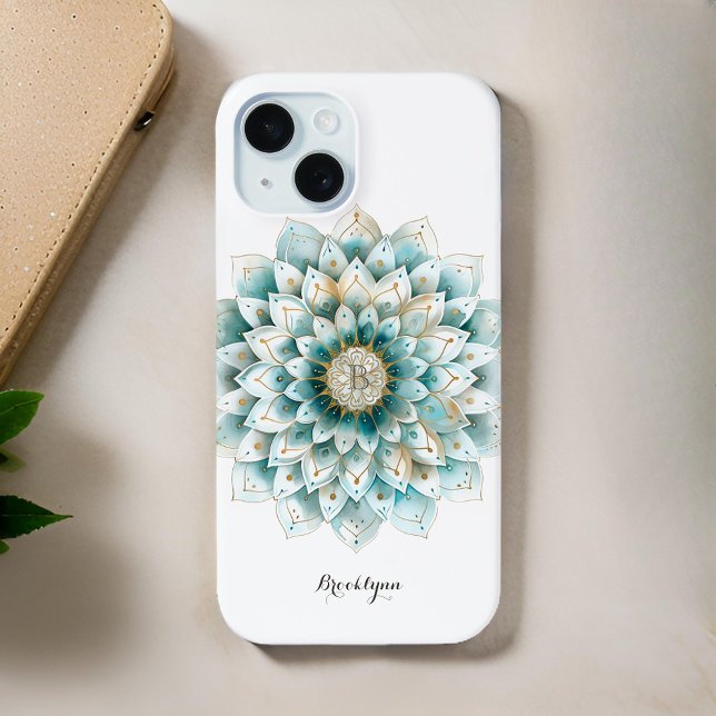 Monogram Blue Aquamarin Gold Floral Mandala Case-Mate iPhone Hülle (Von Creator hochgeladen)