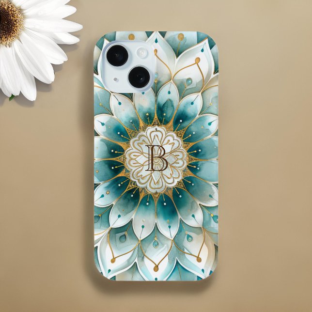 Monogram Blue Aquamarin Gold Floral Mandala Case-Mate iPhone Hülle (Von Creator hochgeladen)