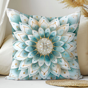 Monogram Blue Aquamarin Gold Floral Mandala Kissen