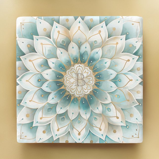 Monogram Blue Aquamarin Gold Floral Mandala Steinuntersetzer (Von Creator hochgeladen)