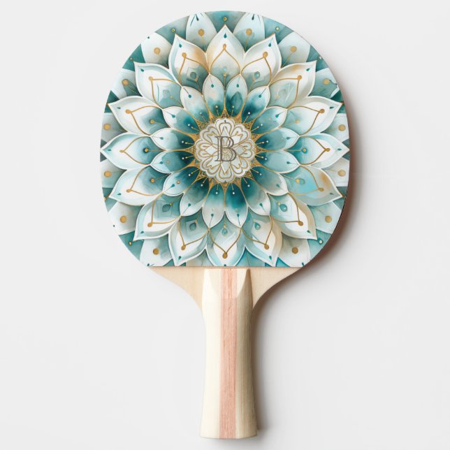 Monogram Blue Aquamarin Gold Floral Mandala Tischtennis Schläger (Vorderseite)