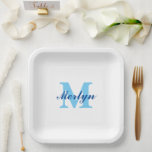 Monogram Blue Birthdays Baby Showers Elegant Pappteller<br><div class="desc">Entworfen mit Text-Vorlagen für mit Monogramm Initial & Name,  die Sie anpassen können! Ideal für Babyduschen,  Geburtstage,  Brautpartys und mehr!</div>