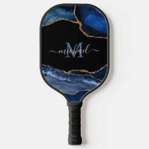 Monogram Blue, Black & Gold Agate Pickleball Schläger