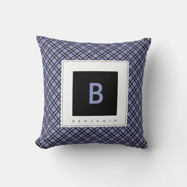 Monogram Blue & Black Kariert Throw Pillow Kissen (Vorderseite)