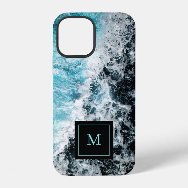 Monogram Blue Black Ocean Waves Hawaii iPhone Hülle (Rückseite)
