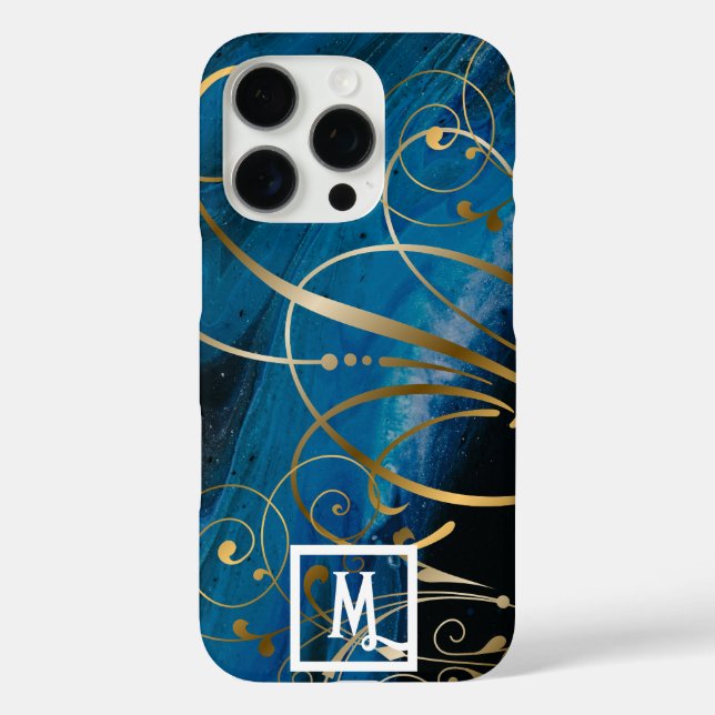 Monogram Blue Black Paint Gold Wirbel Schnörkel Case-Mate iPhone Hülle (Rückseite)
