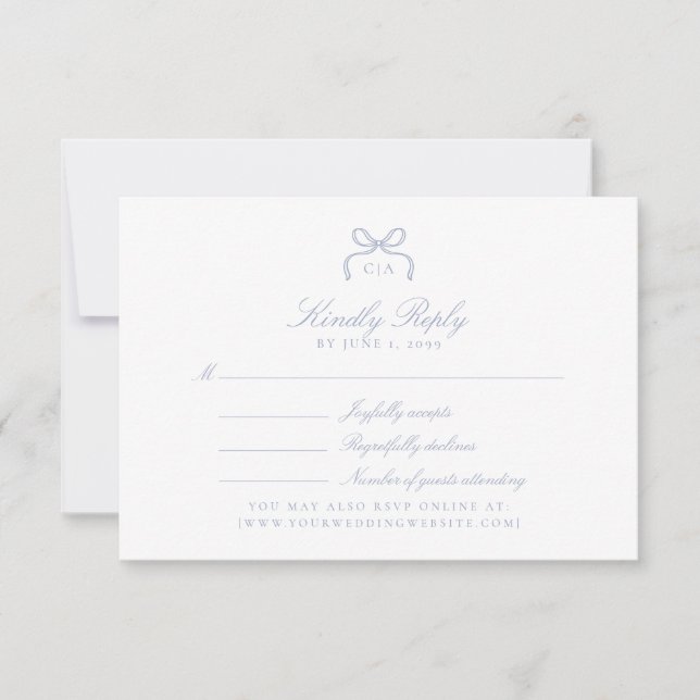 Monogram Blue Bow Wedding RSVP Card (Vorderseite)